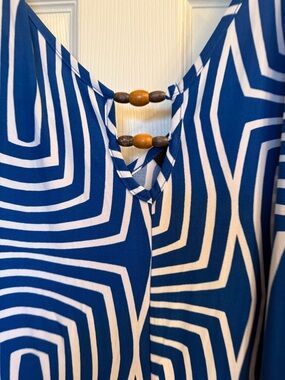 Ashley Stewart Blue and White Geometric Tank jumper with Beaded Neck